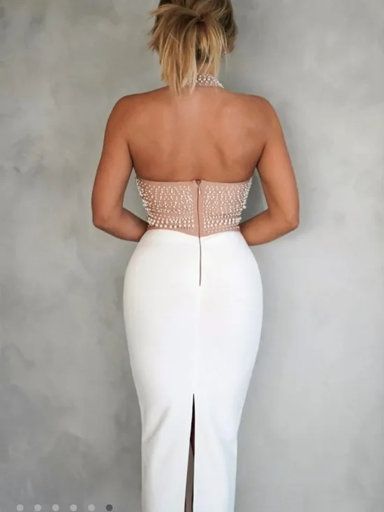 Beaded Halter Crop Top with White Midi Skirt - BELLABARNETT - Picture 2 of 7